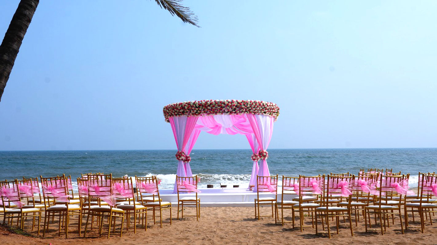 Arrangements of a wedding stage and seatings on the beach, in ECR, Chennai, near Mahabalipuram