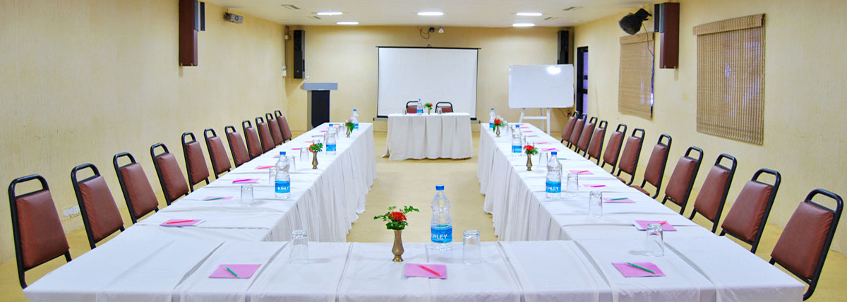 Banquet Hall arrangement in U shape along with podium, mic, white board, speakers in Bluebay Beach Resort, ECR, Chennai